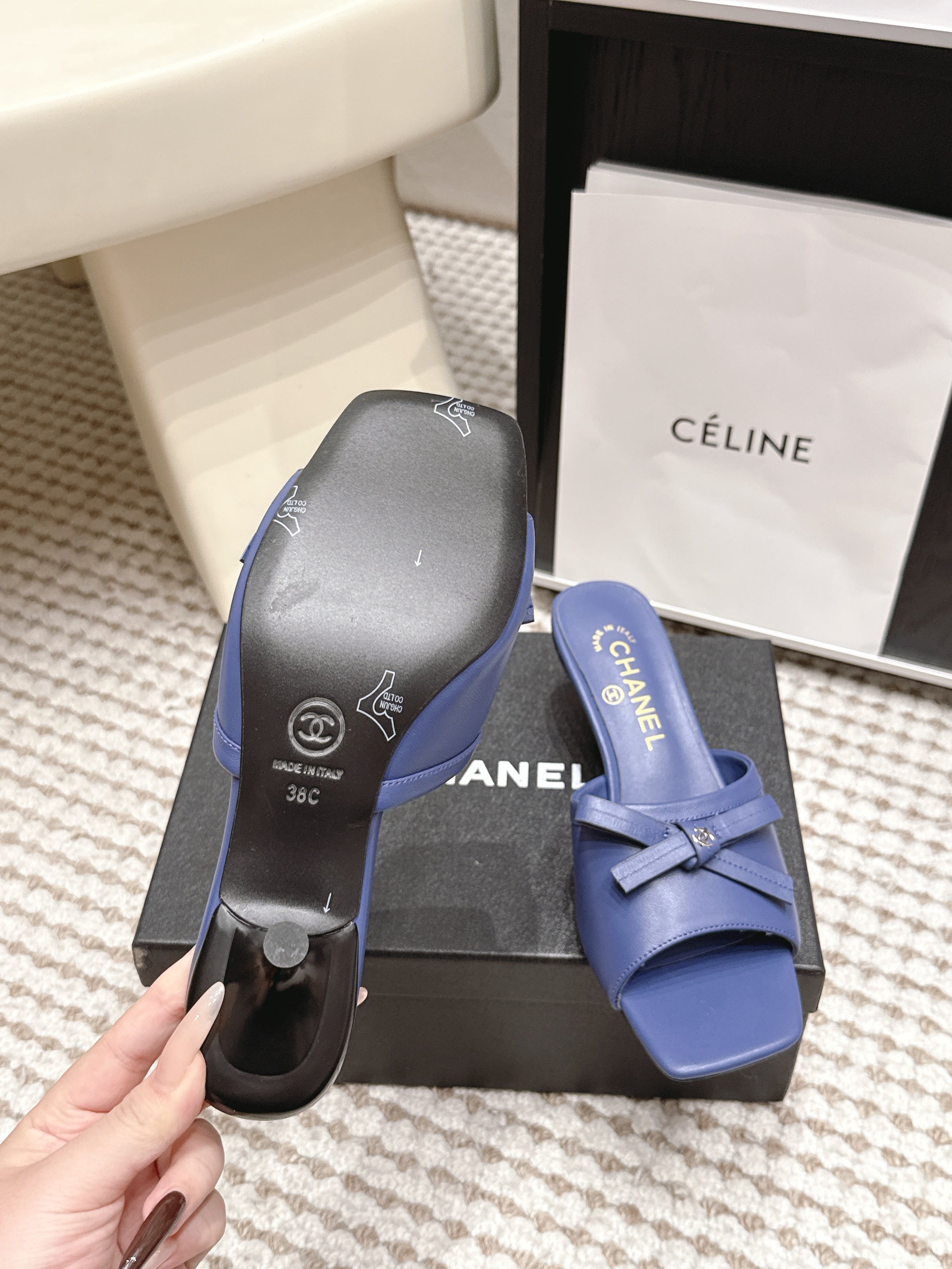CHANEL 26S SQUARE TOE HIGH HEEL SANDALS IN DARK BLUE CALFSKIN
