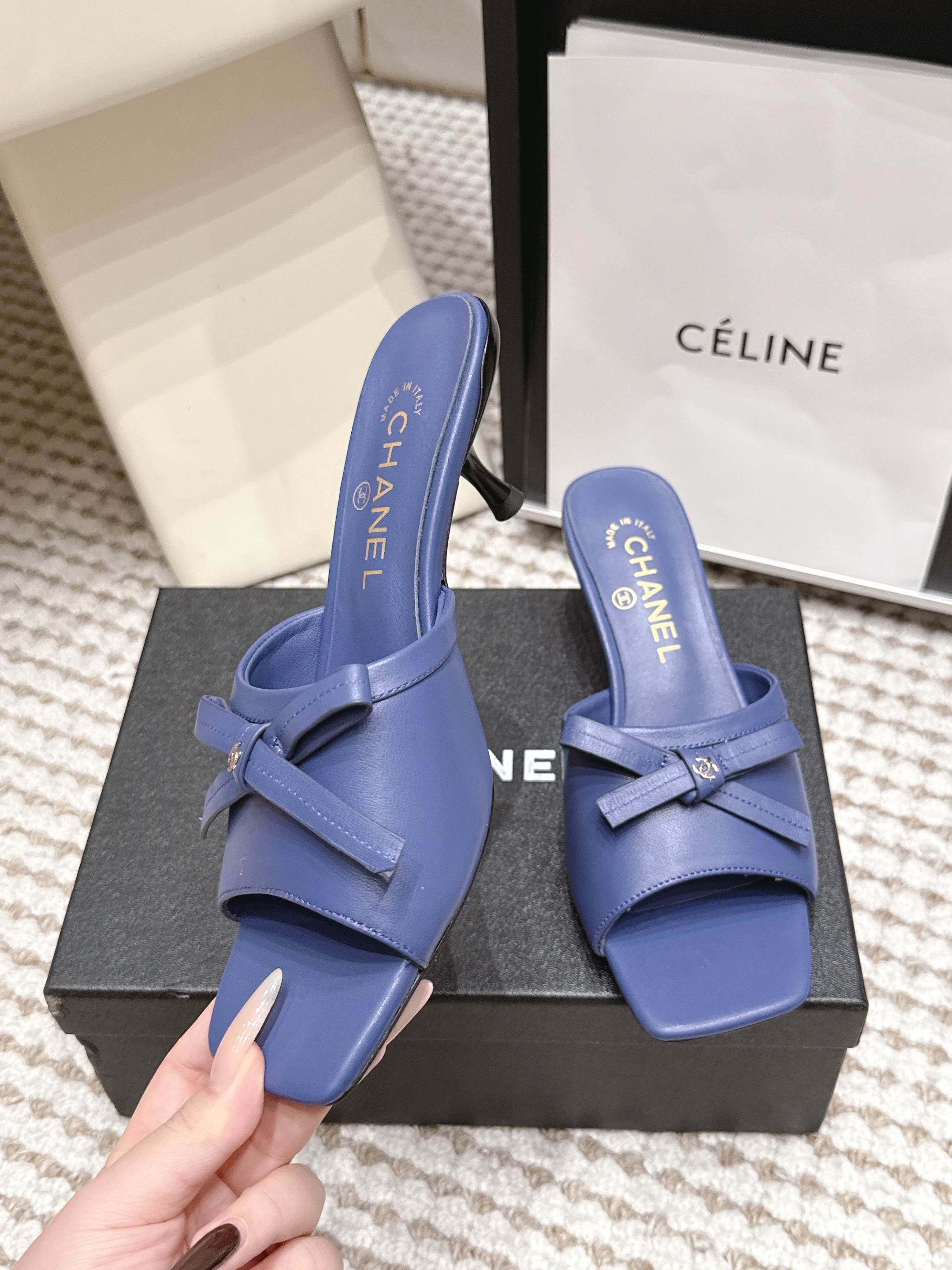 CHANEL 26S SQUARE TOE HIGH HEEL SANDALS IN DARK BLUE CALFSKIN
