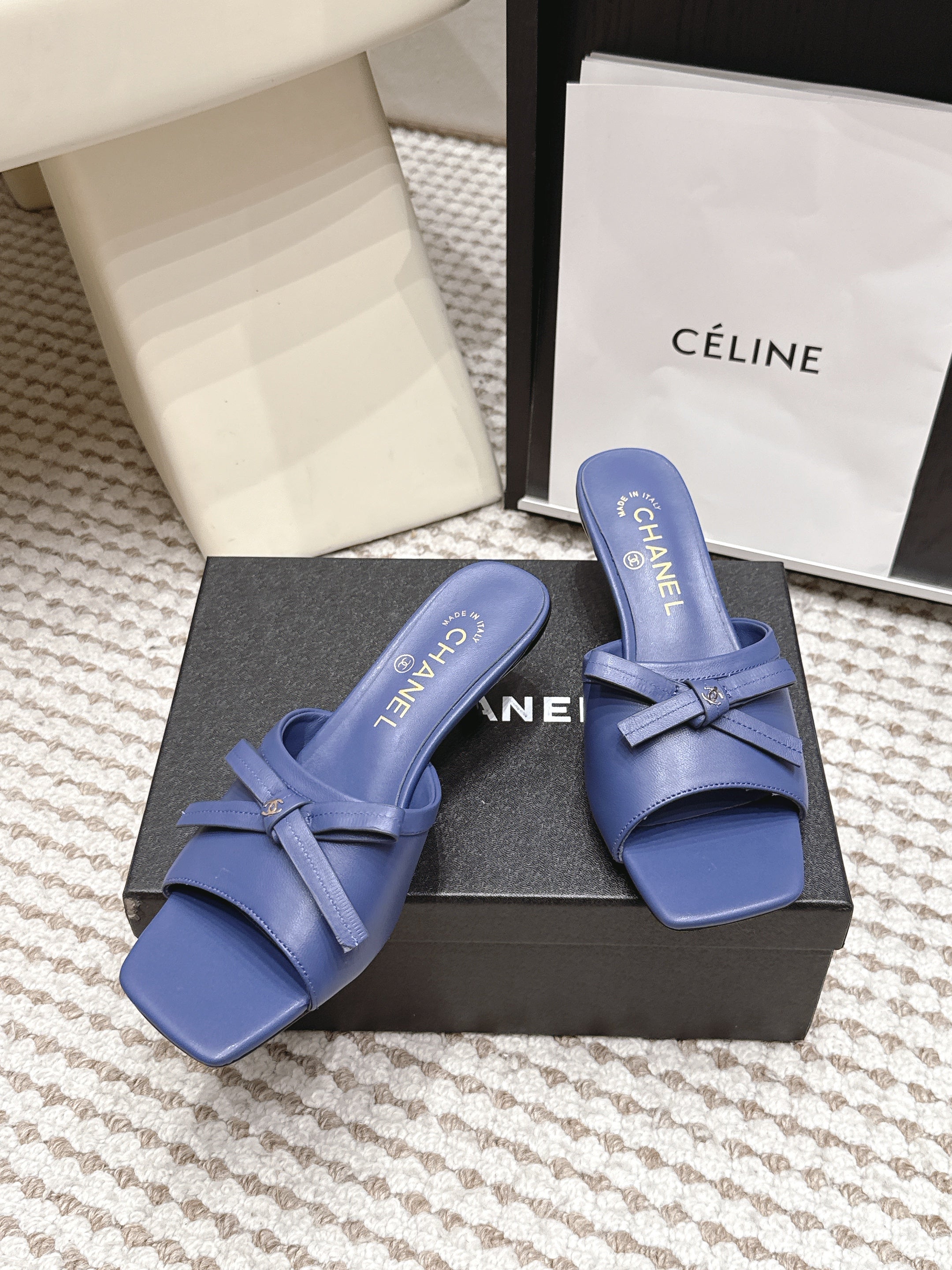 CHANEL 26S SQUARE TOE HIGH HEEL SANDALS IN DARK BLUE CALFSKIN