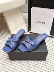 CHANEL 26S SQUARE TOE HIGH HEEL SANDALS IN DARK BLUE CALFSKIN