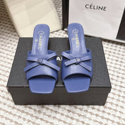 CHANEL 26S SQUARE TOE HIGH HEEL SANDALS IN DARK BLUE CALFSKIN