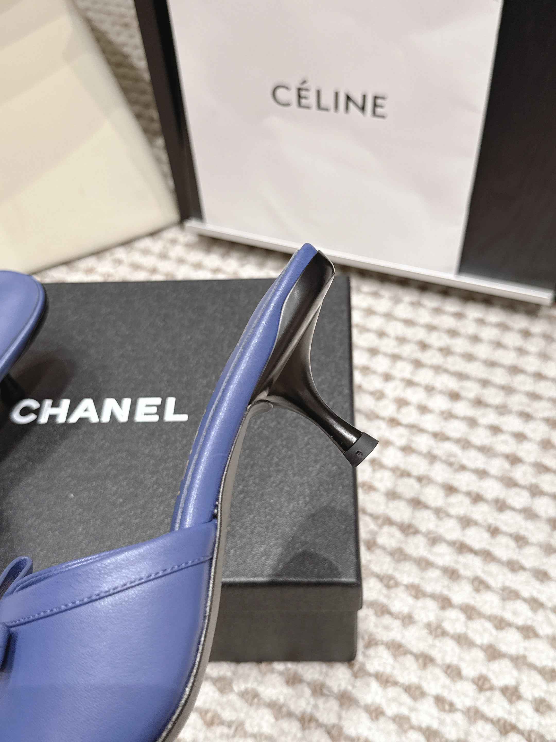 CHANEL 26S SQUARE TOE HIGH HEEL SANDALS IN DARK BLUE CALFSKIN