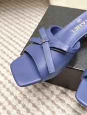 CHANEL 26S SQUARE TOE HIGH HEEL SANDALS IN DARK BLUE CALFSKIN