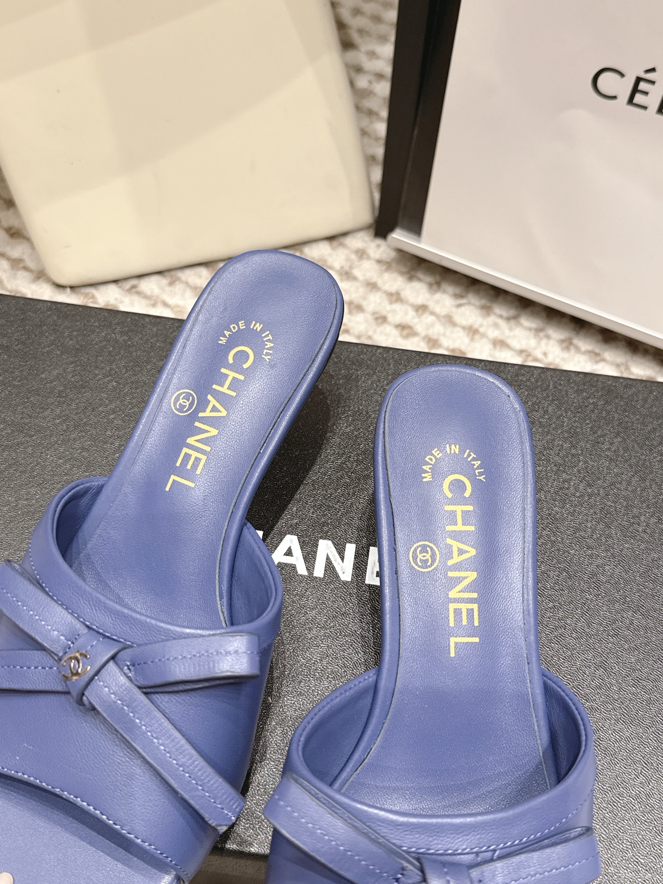 CHANEL 26S SQUARE TOE HIGH HEEL SANDALS IN DARK BLUE CALFSKIN