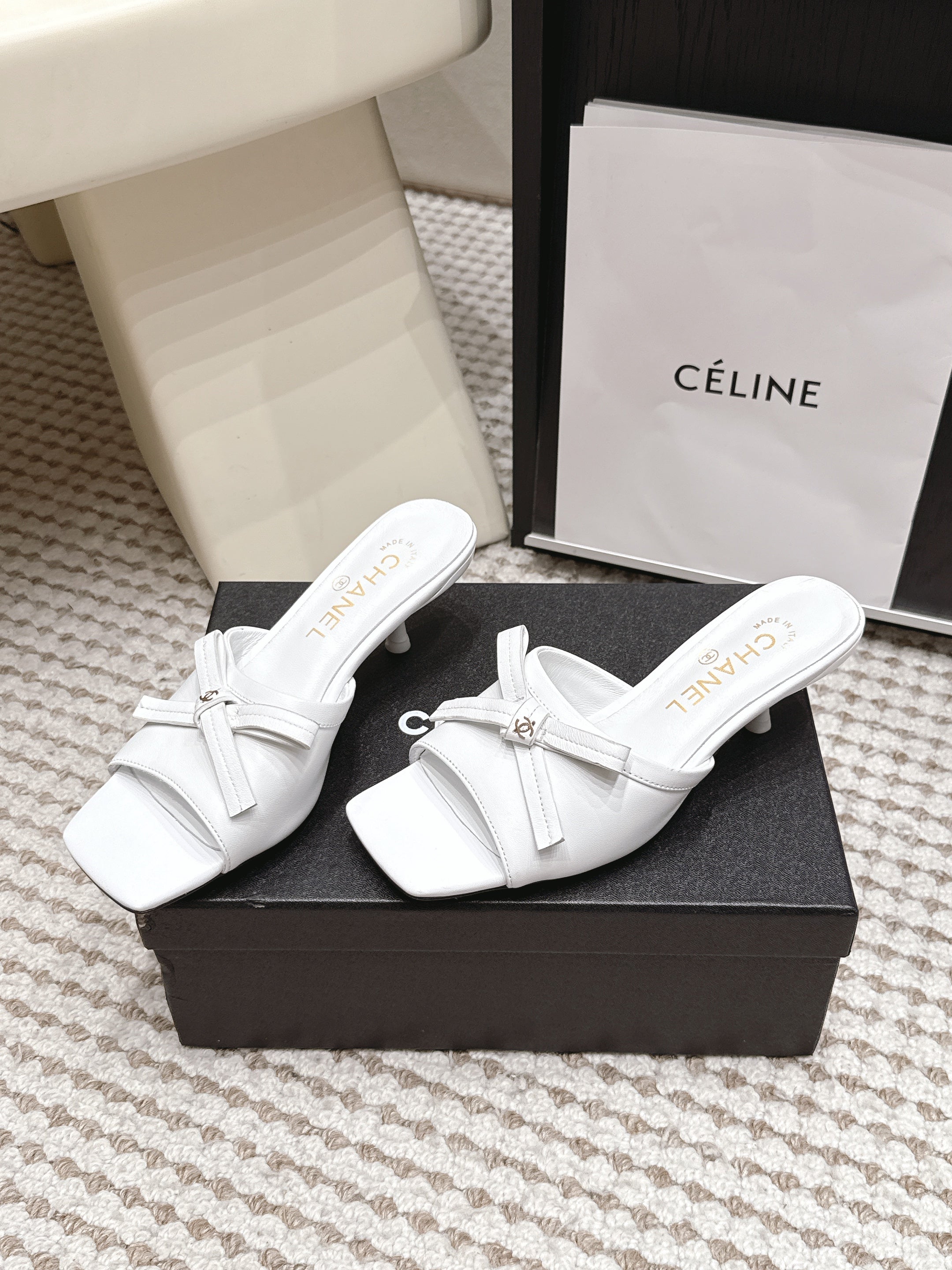 CHANEL 26S SQUARE TOE HIGH HEEL SANDALS IN WHITE CALFSKIN