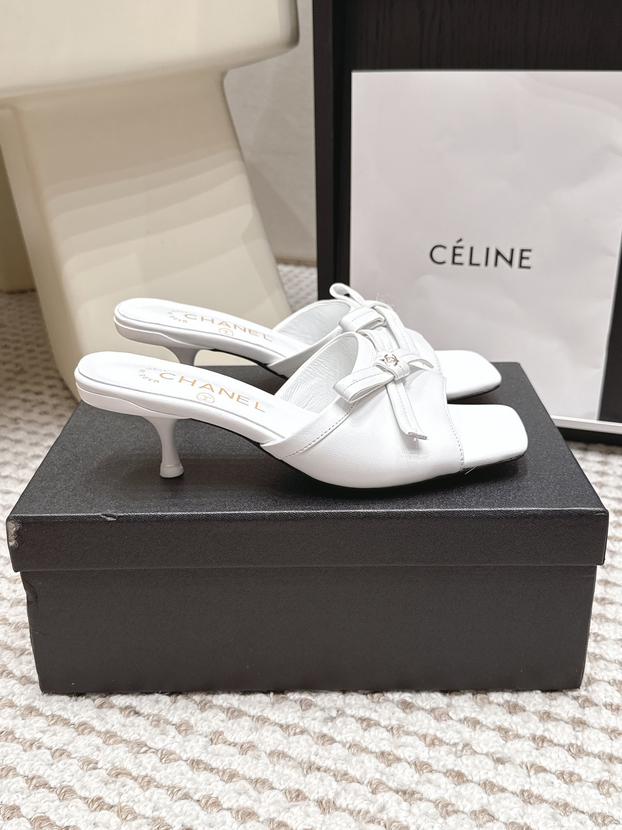 CHANEL 26S SQUARE TOE HIGH HEEL SANDALS IN WHITE CALFSKIN
