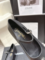 CHANEL 26S SQUARE TOE MARY JANE FLATS IN BLACK CALFSKIN