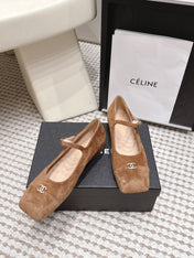 CHANEL 26S SQUARE TOE MARY JANE FLATS IN BROWN SUEDE
