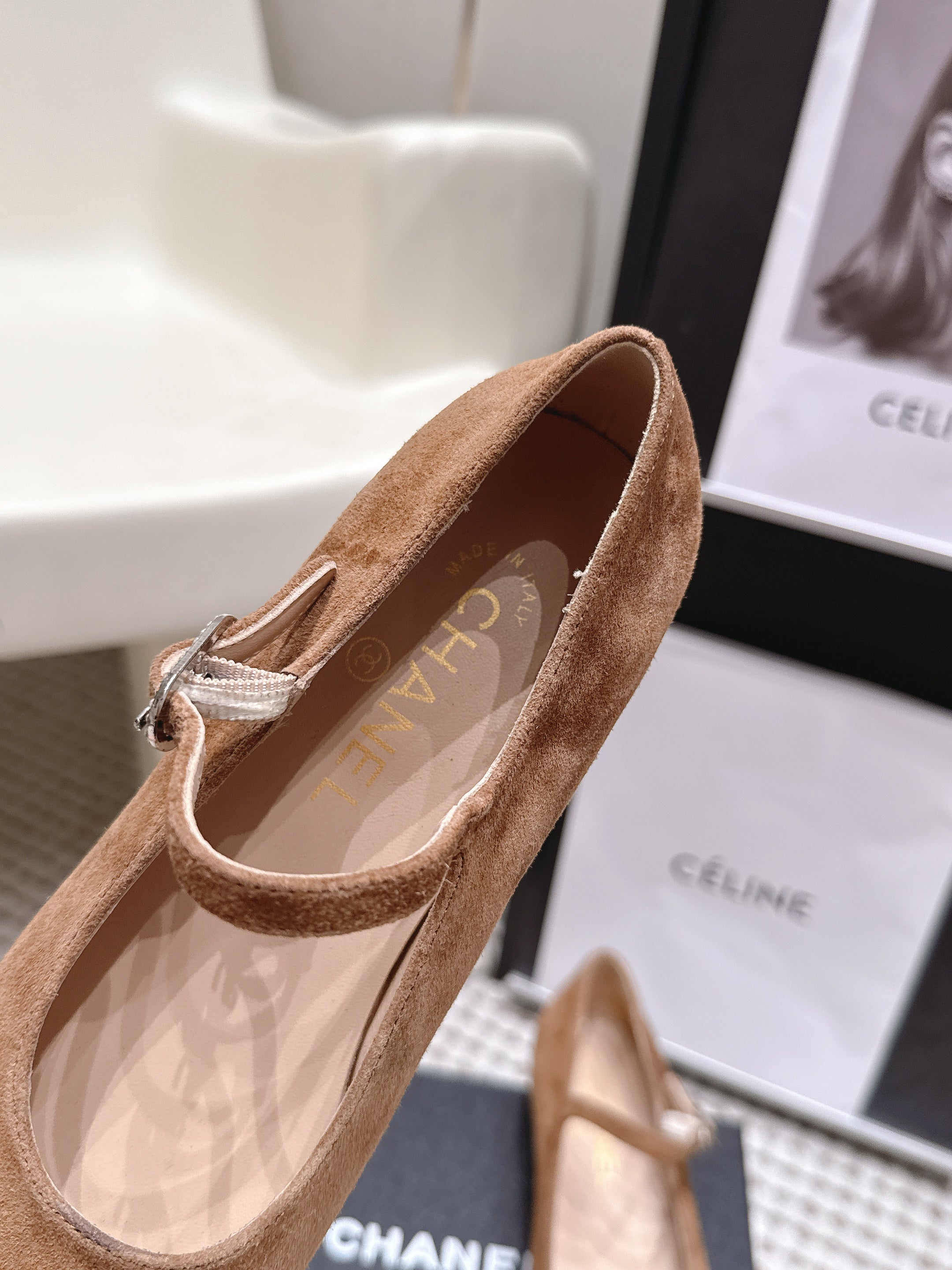 CHANEL 26S SQUARE TOE MARY JANE FLATS IN BROWN SUEDE