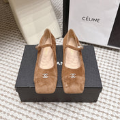 CHANEL 26S SQUARE TOE MARY JANE FLATS IN BROWN SUEDE