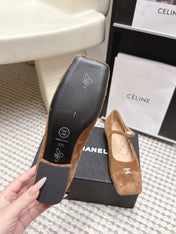 CHANEL 26S SQUARE TOE MARY JANE FLATS IN BROWN SUEDE