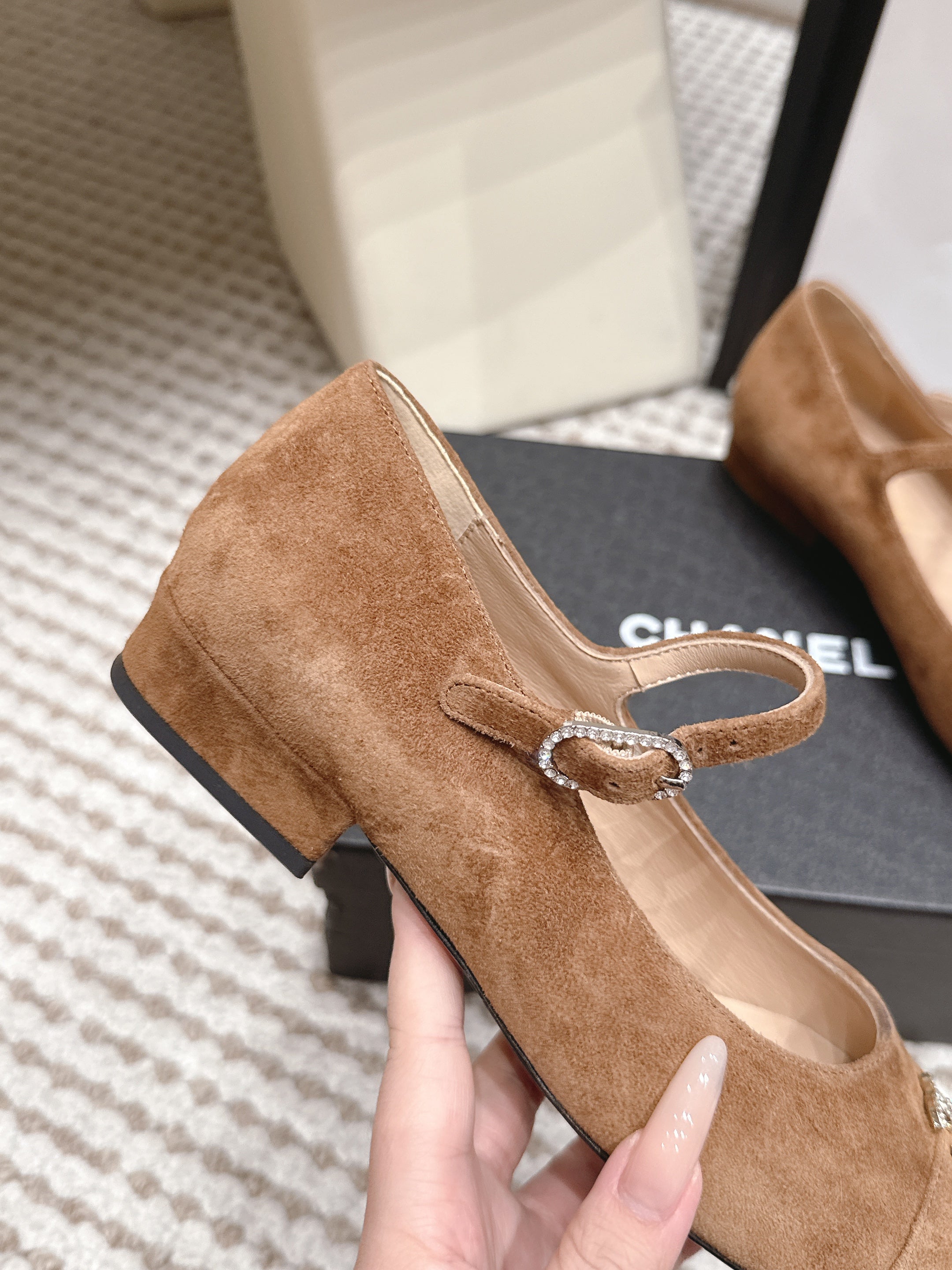 CHANEL 26S SQUARE TOE MARY JANE FLATS IN BROWN SUEDE