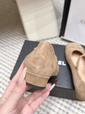 CHANEL 26S SQUARE TOE MARY JANE FLATS IN LIGHT BROWN SUEDE