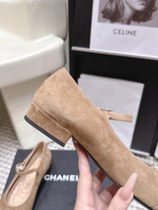 CHANEL 26S SQUARE TOE MARY JANE FLATS IN LIGHT BROWN SUEDE