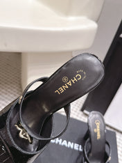 CHANEL 26S SQUARE TOE HIGH HEEL SANDALS 50 MM IN BLACK CALFSKIN
