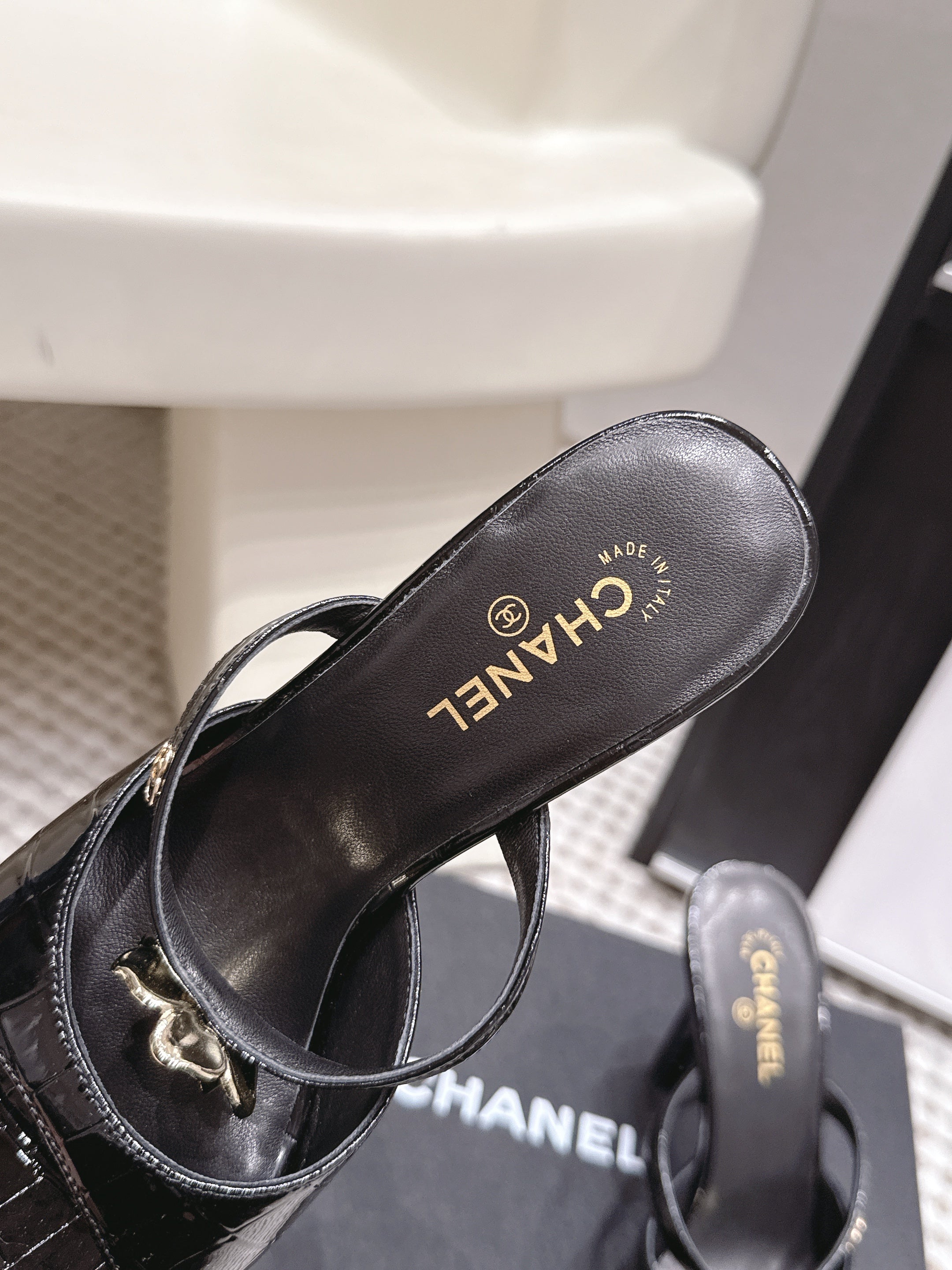 CHANEL 26S SQUARE TOE HIGH HEEL SANDALS 50 MM IN BLACK CALFSKIN