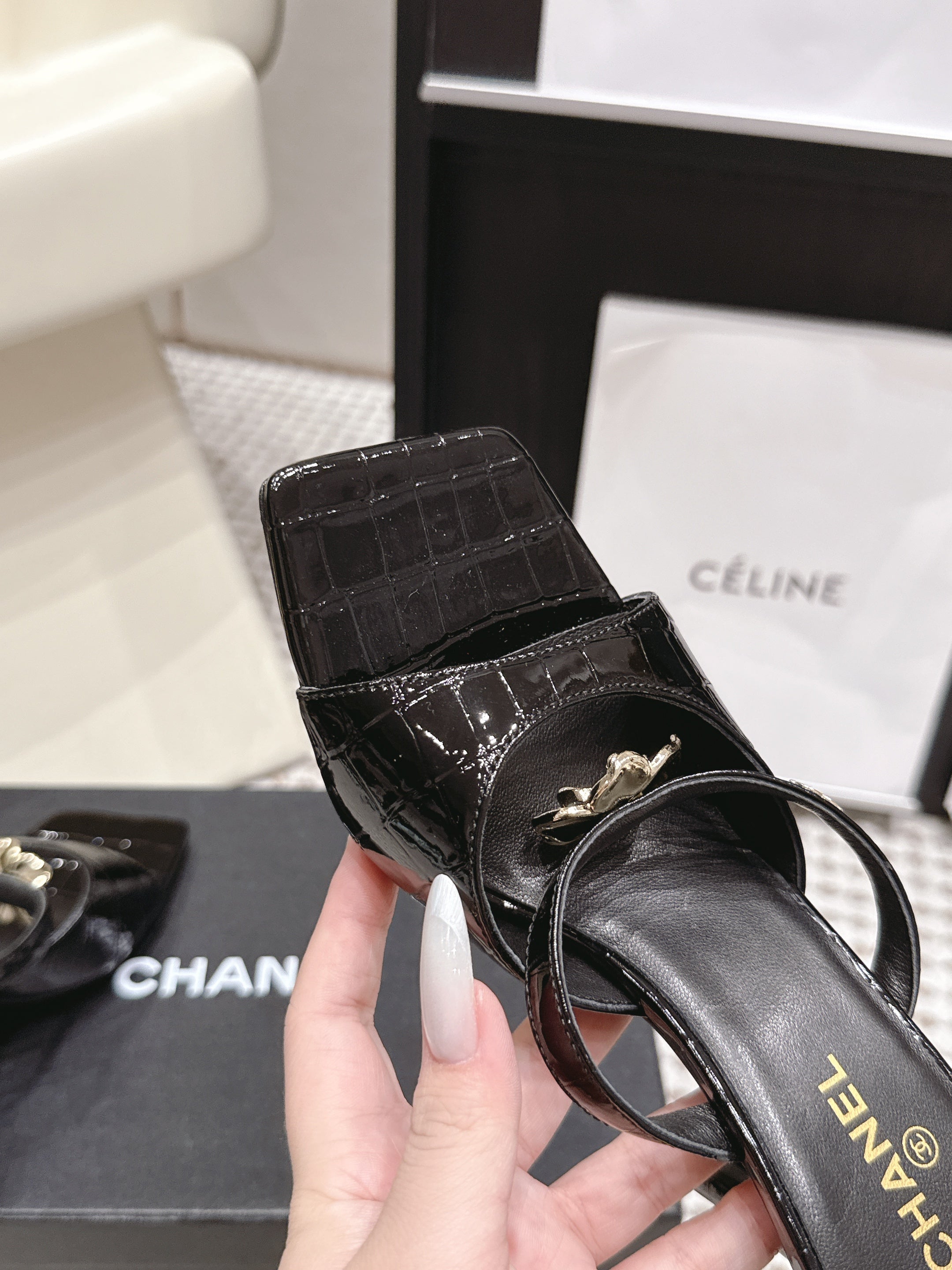 CHANEL 26S SQUARE TOE HIGH HEEL SANDALS 50 MM IN BLACK CALFSKIN