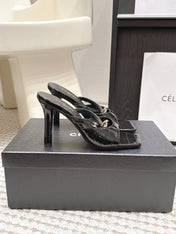 CHANEL 26S SQUARE TOE HIGH HEEL SANDALS 50 MM IN BLACK CALFSKIN