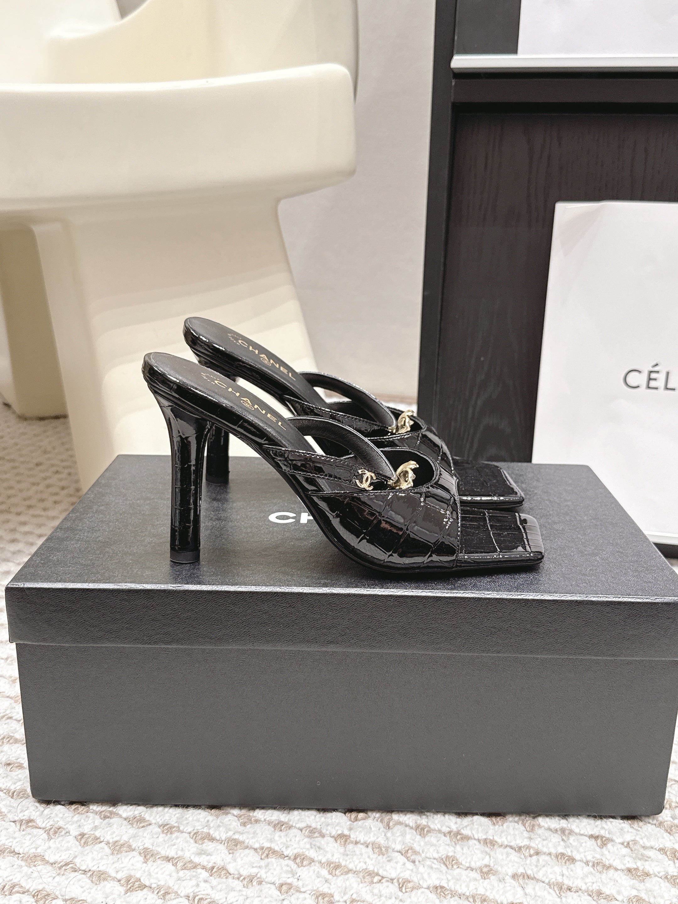 CHANEL 26S SQUARE TOE HIGH HEEL SANDALS 50 MM IN BLACK CALFSKIN