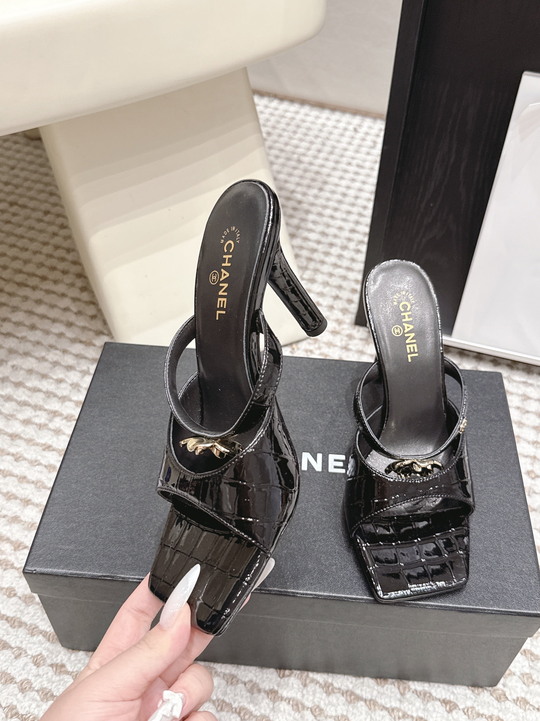 CHANEL 26S SQUARE TOE HIGH HEEL SANDALS 50 MM IN BLACK CALFSKIN