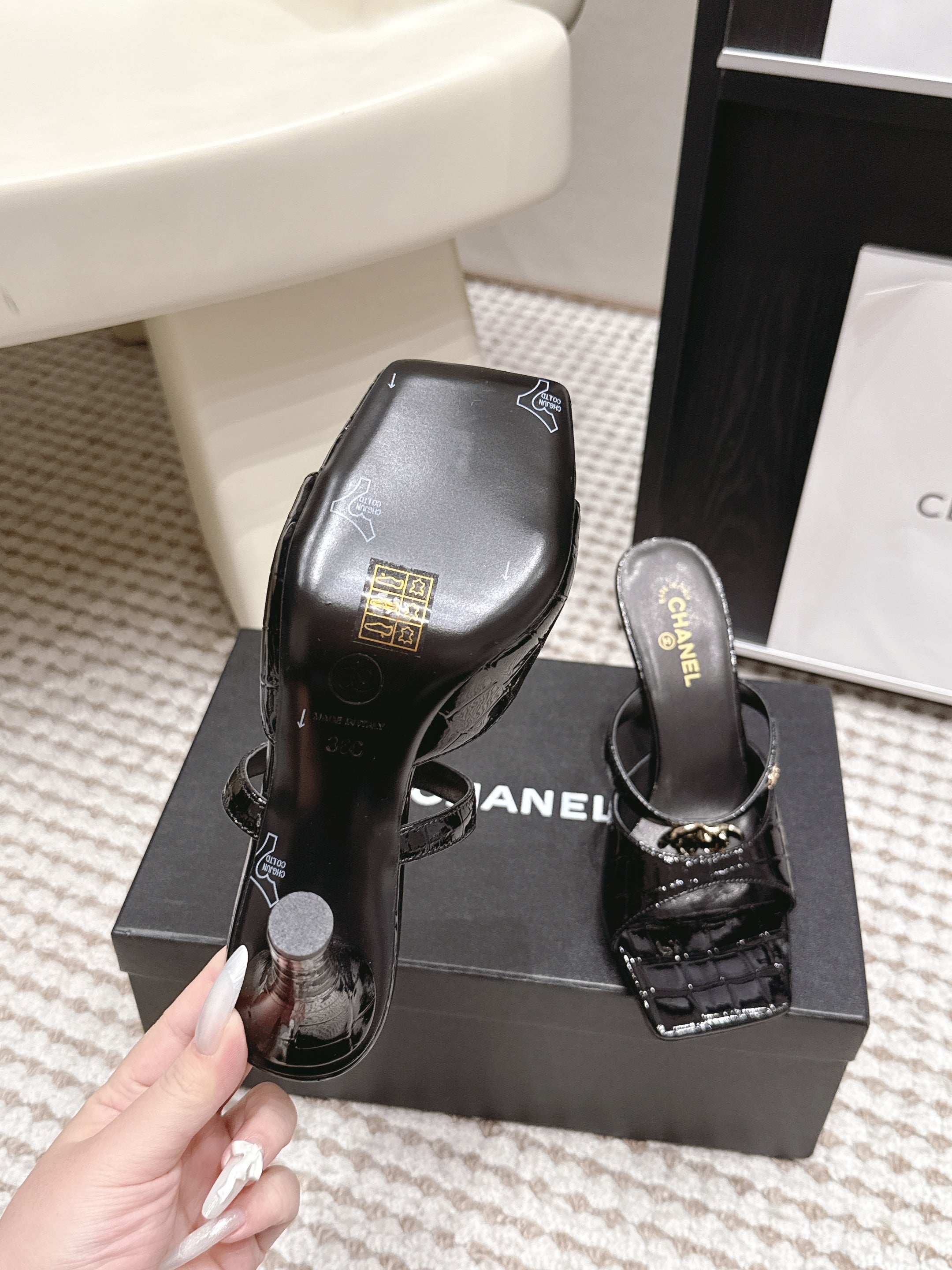 CHANEL 26S SQUARE TOE HIGH HEEL SANDALS 50 MM IN BLACK CALFSKIN