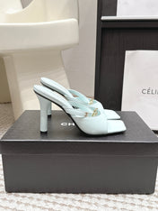 CHANEL 26S SQUARE TOE HIGH HEEL SANDALS 50 MM IN LIGHT BLUE CALFSKIN