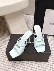 CHANEL 26S SQUARE TOE HIGH HEEL SANDALS 50 MM IN LIGHT BLUE CALFSKIN