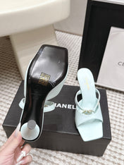 CHANEL 26S SQUARE TOE HIGH HEEL SANDALS 50 MM IN LIGHT BLUE CALFSKIN