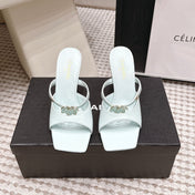 CHANEL 26S SQUARE TOE HIGH HEEL SANDALS 50 MM IN LIGHT BLUE CALFSKIN