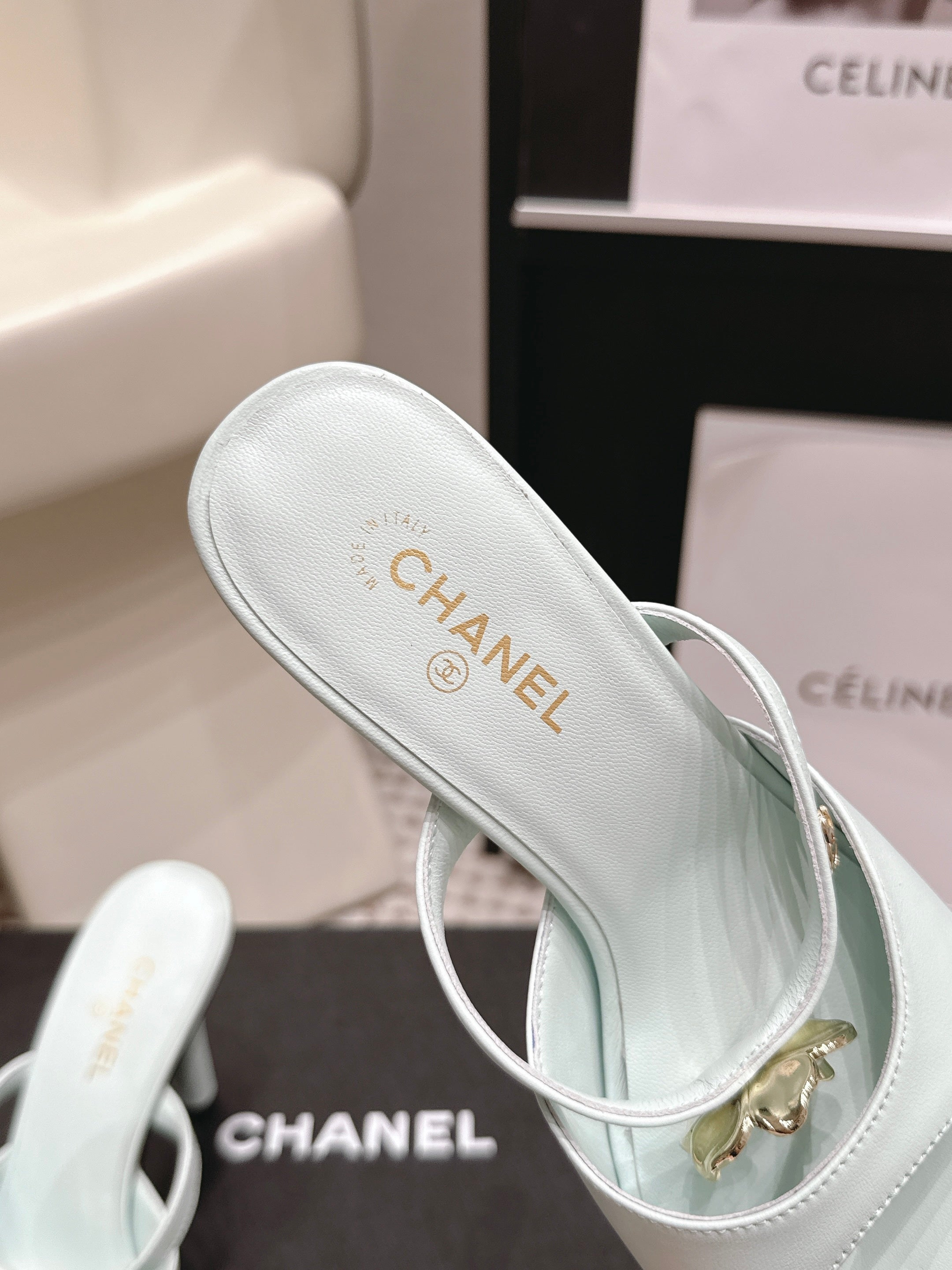 CHANEL 26S SQUARE TOE HIGH HEEL SANDALS 50 MM IN LIGHT BLUE CALFSKIN