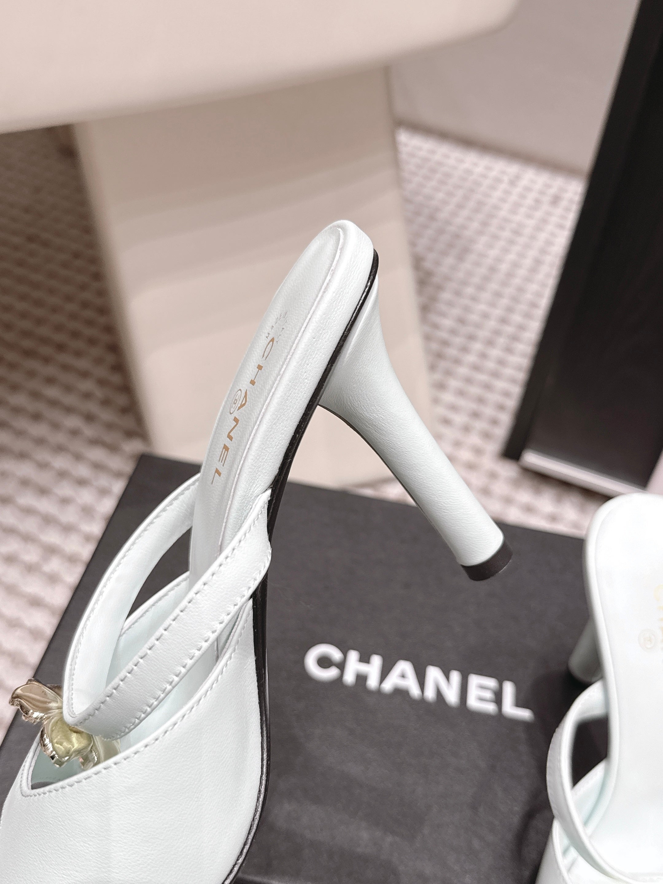 CHANEL 26S SQUARE TOE HIGH HEEL SANDALS 50 MM IN LIGHT BLUE CALFSKIN