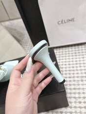 CHANEL 26S SQUARE TOE HIGH HEEL SANDALS 50 MM IN LIGHT BLUE CALFSKIN
