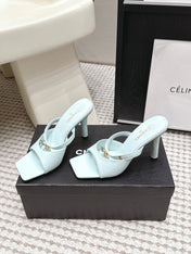 CHANEL 26S SQUARE TOE HIGH HEEL SANDALS 50 MM IN LIGHT BLUE CALFSKIN