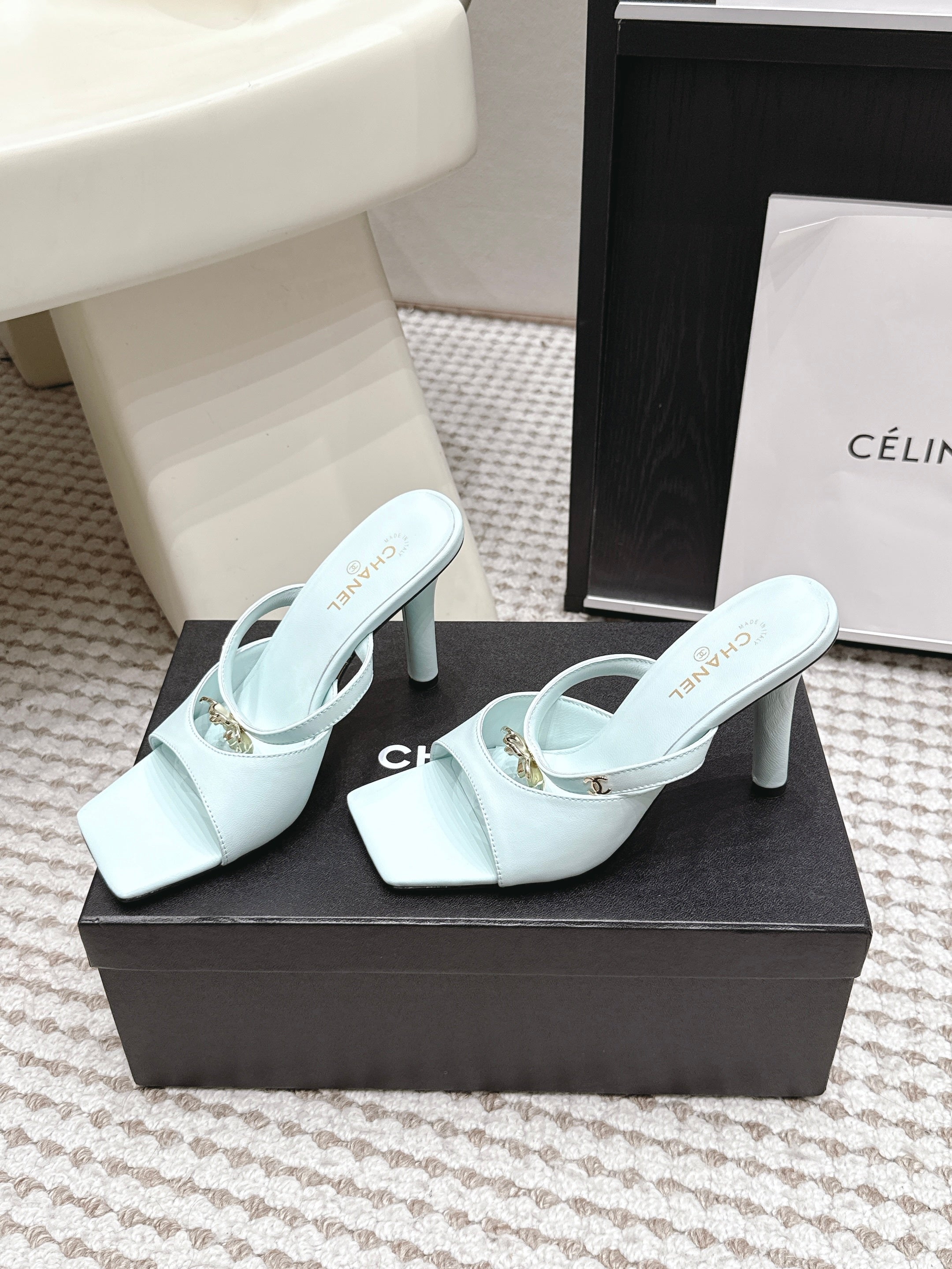 CHANEL 26S SQUARE TOE HIGH HEEL SANDALS 50 MM IN LIGHT BLUE CALFSKIN