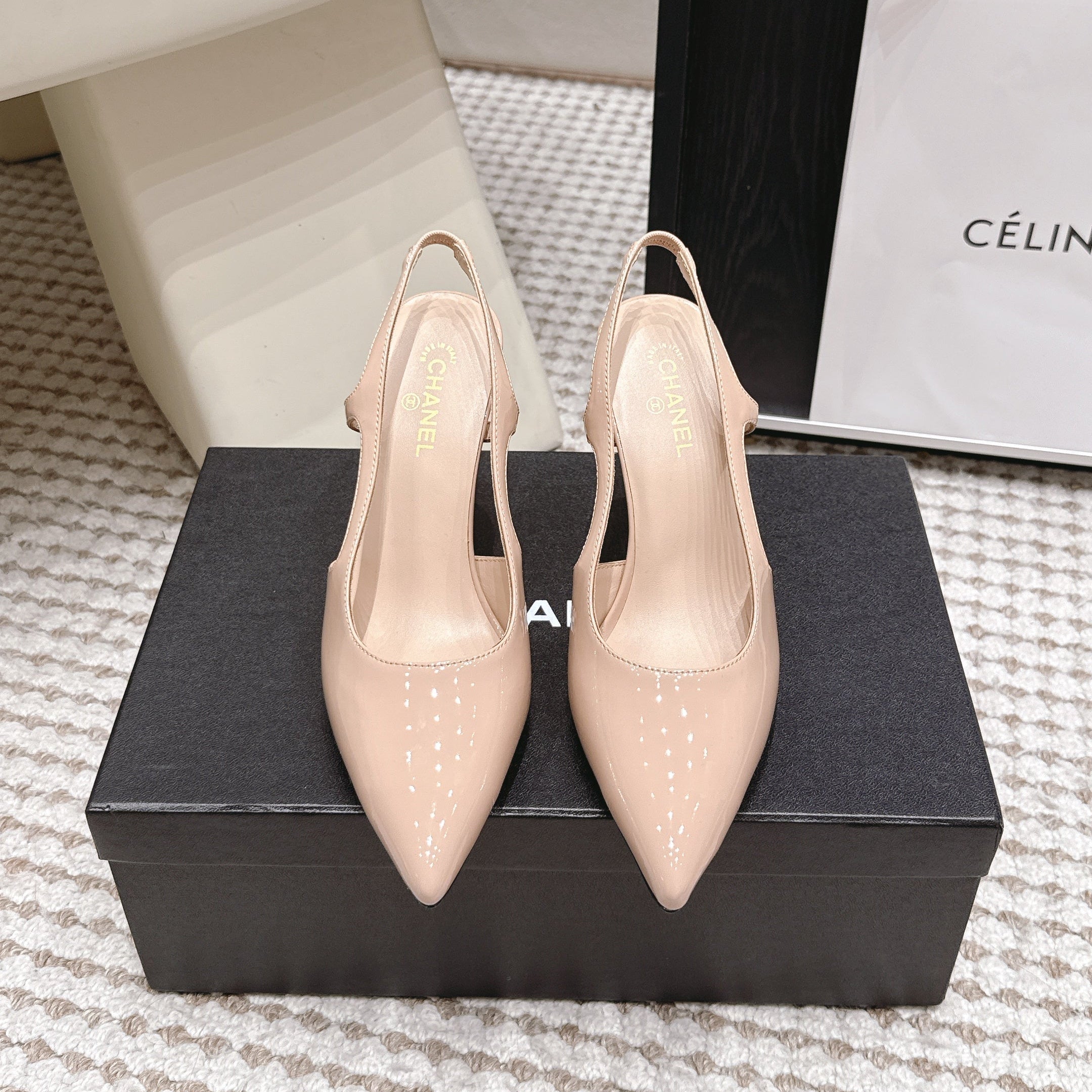 CHANEL 26S HIGH HEEL SLINGBACKS 80 MM IN BEIGE PATENT