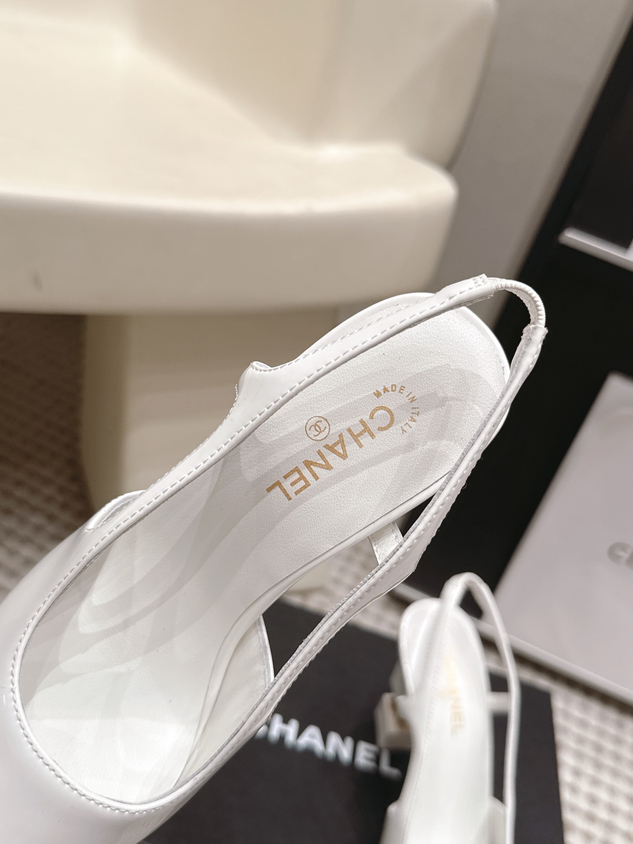 CHANEL 26S HIGH HEEL SLINGBACKS 80 MM IN WHITE PATENT