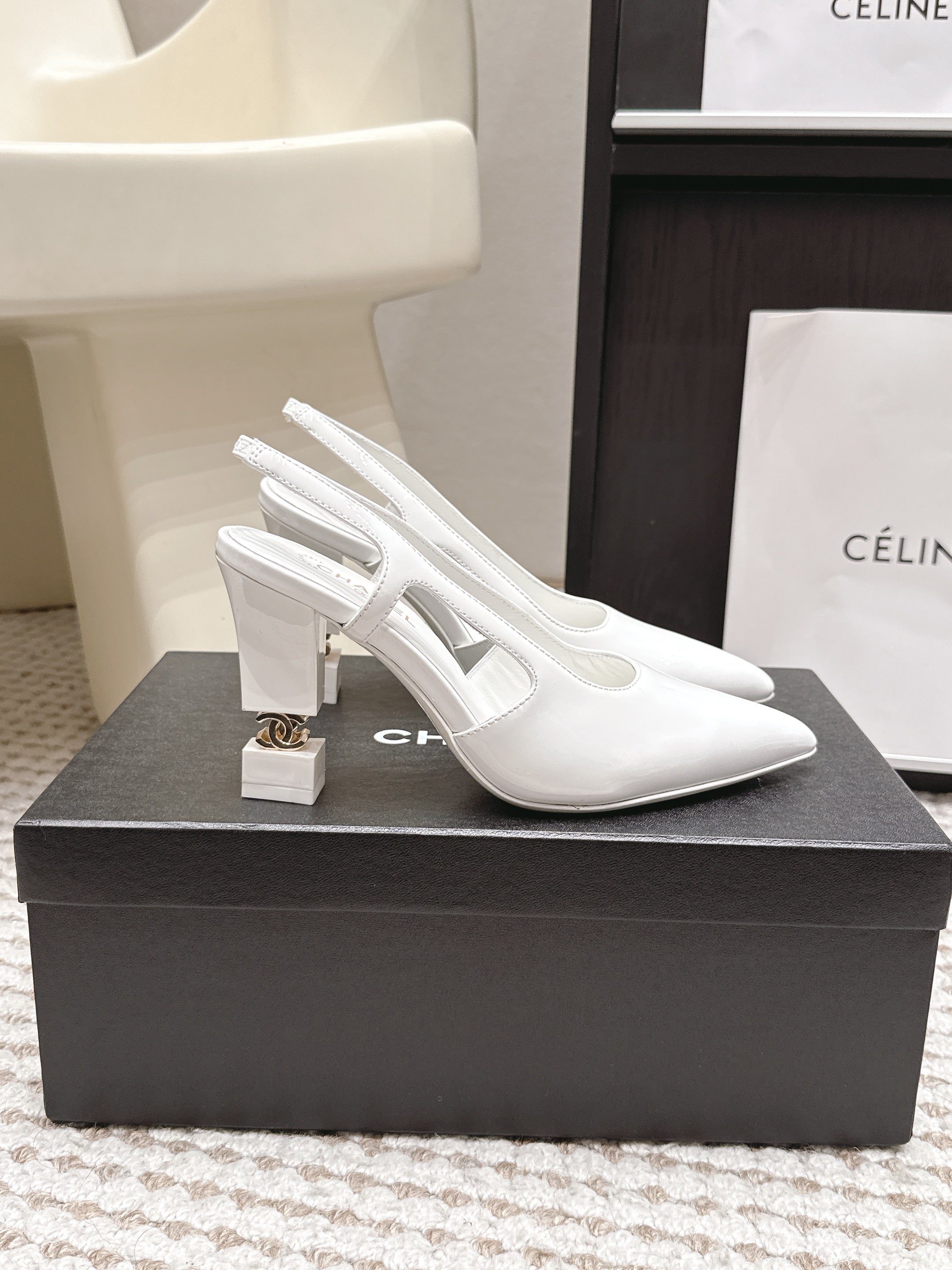 CHANEL 26S HIGH HEEL SLINGBACKS 80 MM IN WHITE PATENT