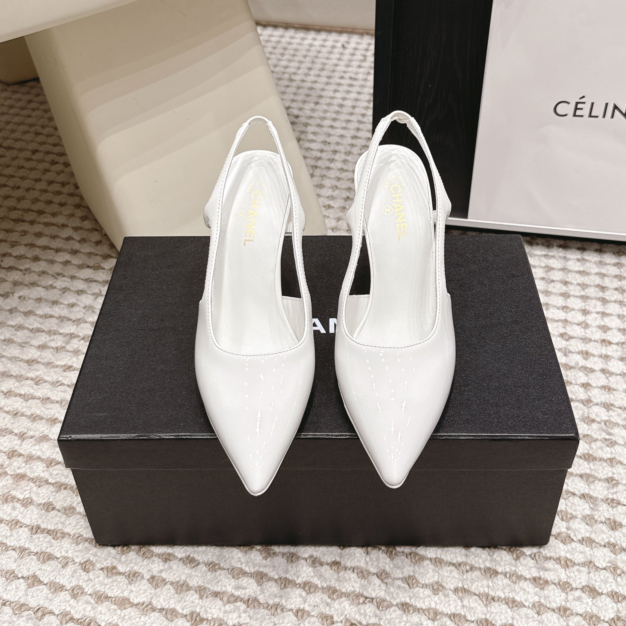 CHANEL 26S HIGH HEEL SLINGBACKS 80 MM IN WHITE PATENT