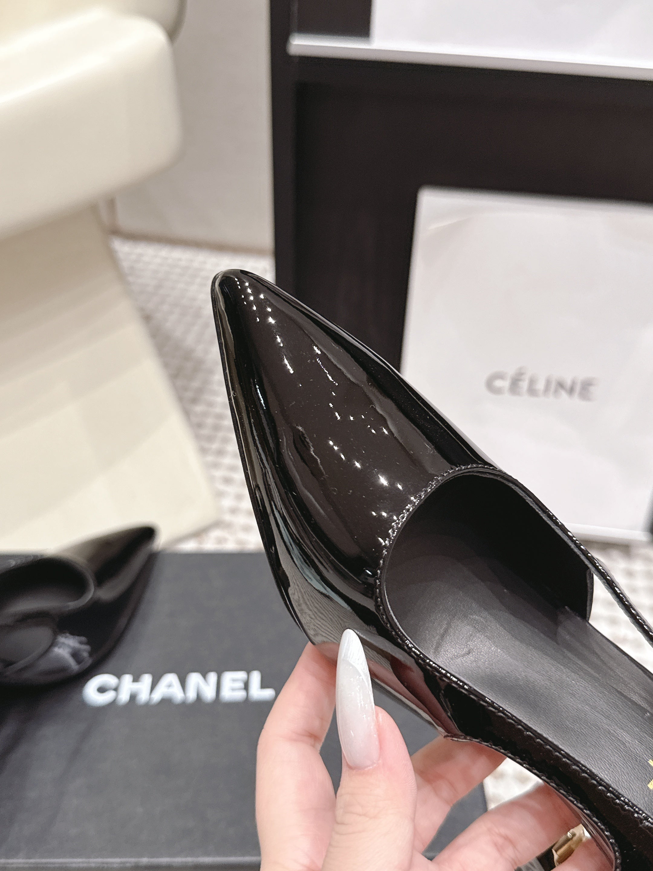 CHANEL 26S HIGH HEEL SLINGBACKS 80 MM IN BLACK PATENT