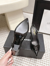 CHANEL 26S HIGH HEEL SLINGBACKS 80 MM IN BLACK PATENT
