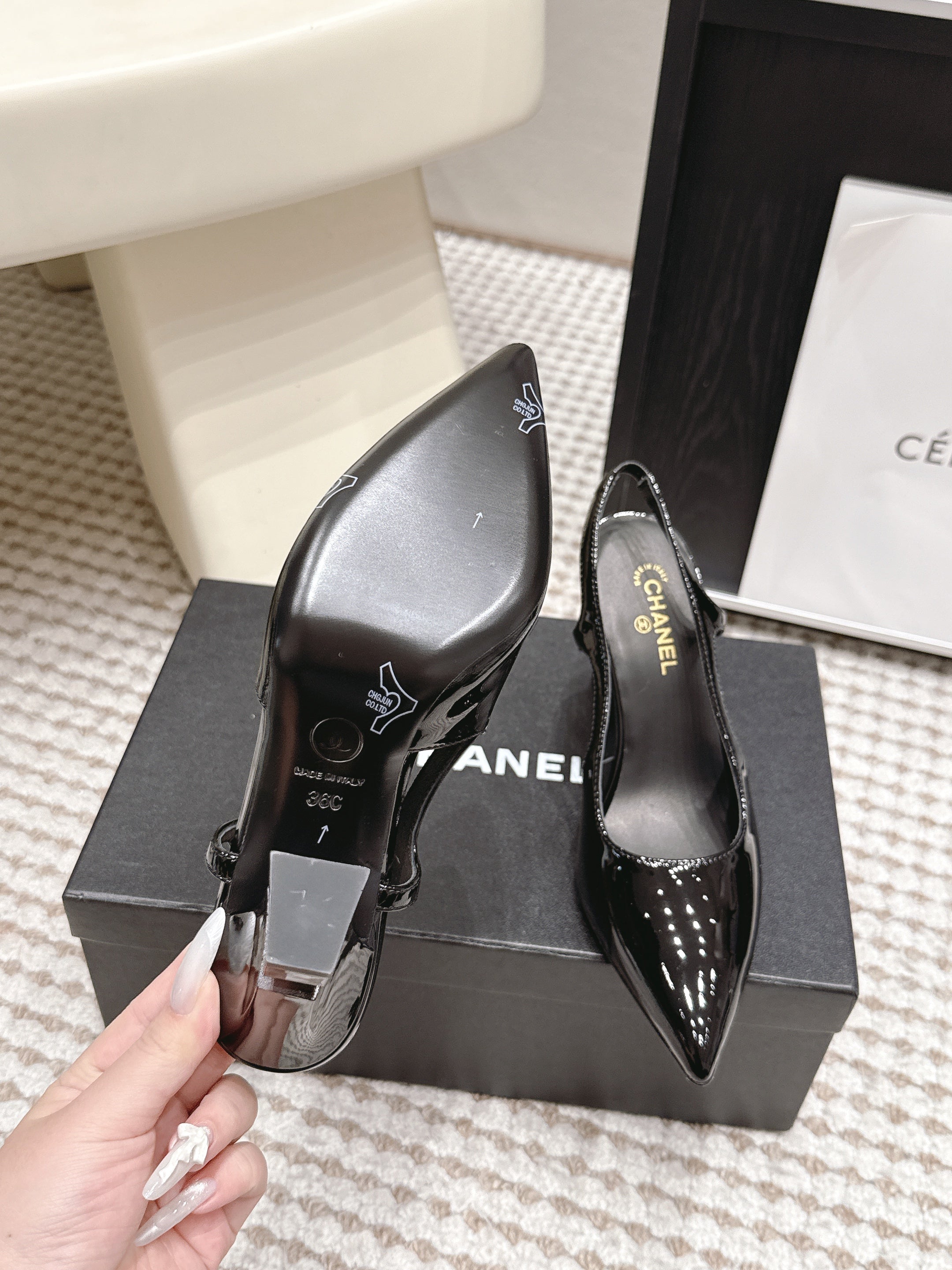 CHANEL 26S HIGH HEEL SLINGBACKS 80 MM IN BLACK PATENT