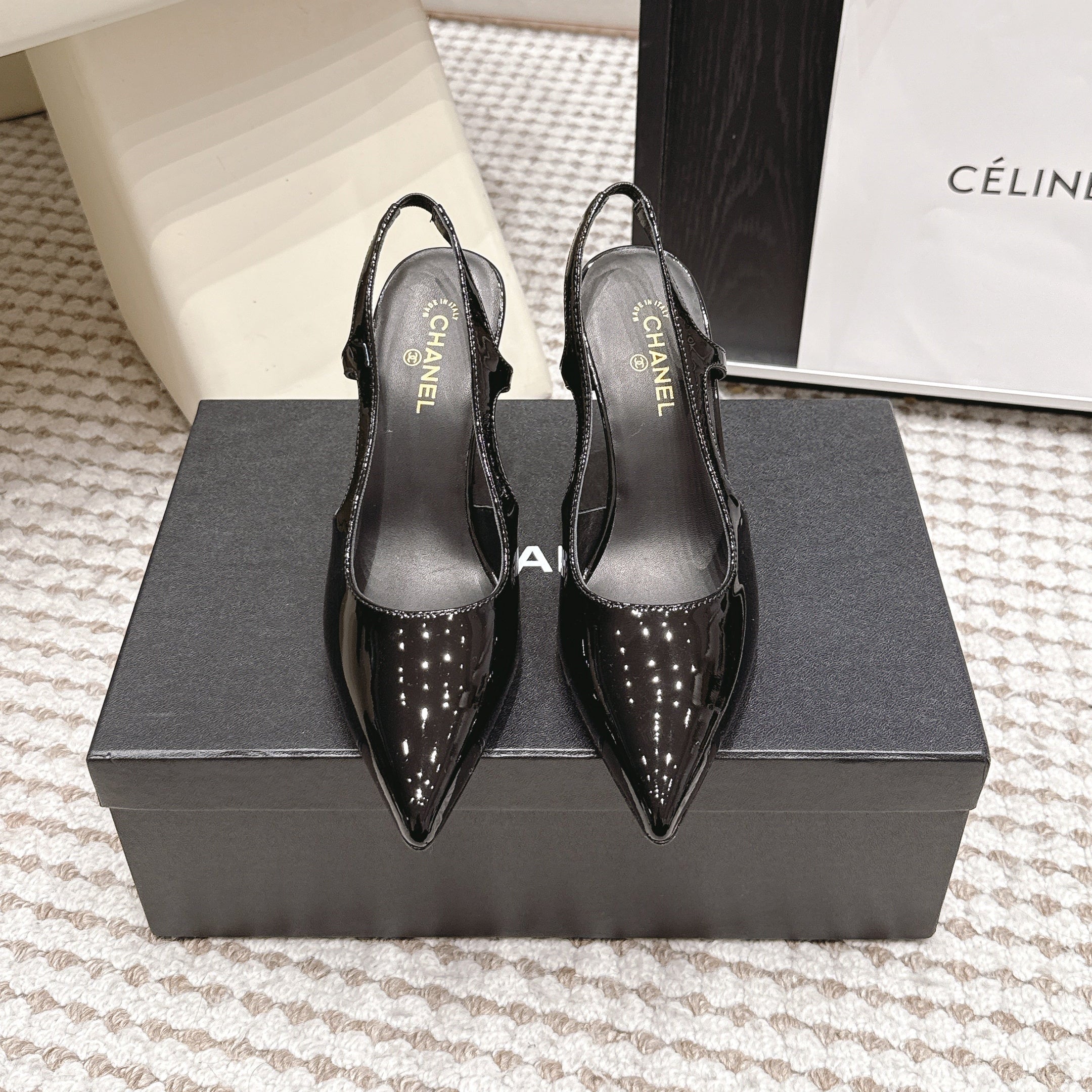 CHANEL 26S HIGH HEEL SLINGBACKS 80 MM IN BLACK PATENT
