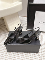 CHANEL 26S HIGH HEEL SLINGBACKS 80 MM IN BLACK PATENT