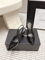 CHANEL 26S HIGH HEEL SLINGBACKS 80 MM IN BLACK PATENT