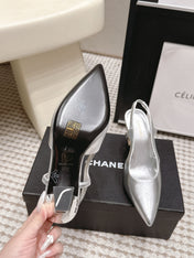 CHANEL 26S HIGH HEEL SLINGBACKS 80 MM IN SILVER PATENT