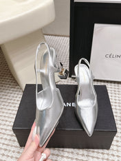 CHANEL 26S HIGH HEEL SLINGBACKS 80 MM IN SILVER PATENT
