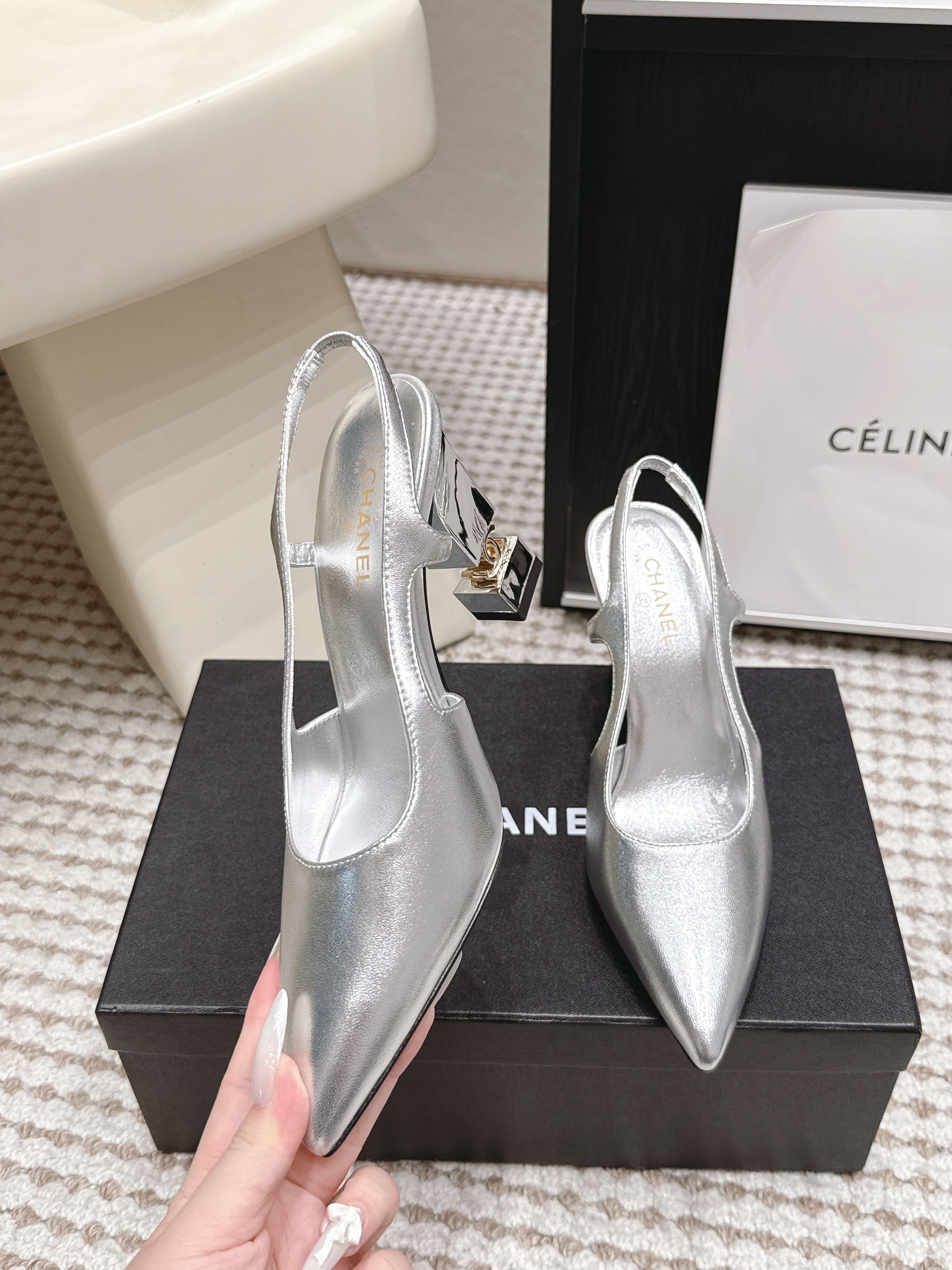 CHANEL 26S HIGH HEEL SLINGBACKS 80 MM IN SILVER PATENT