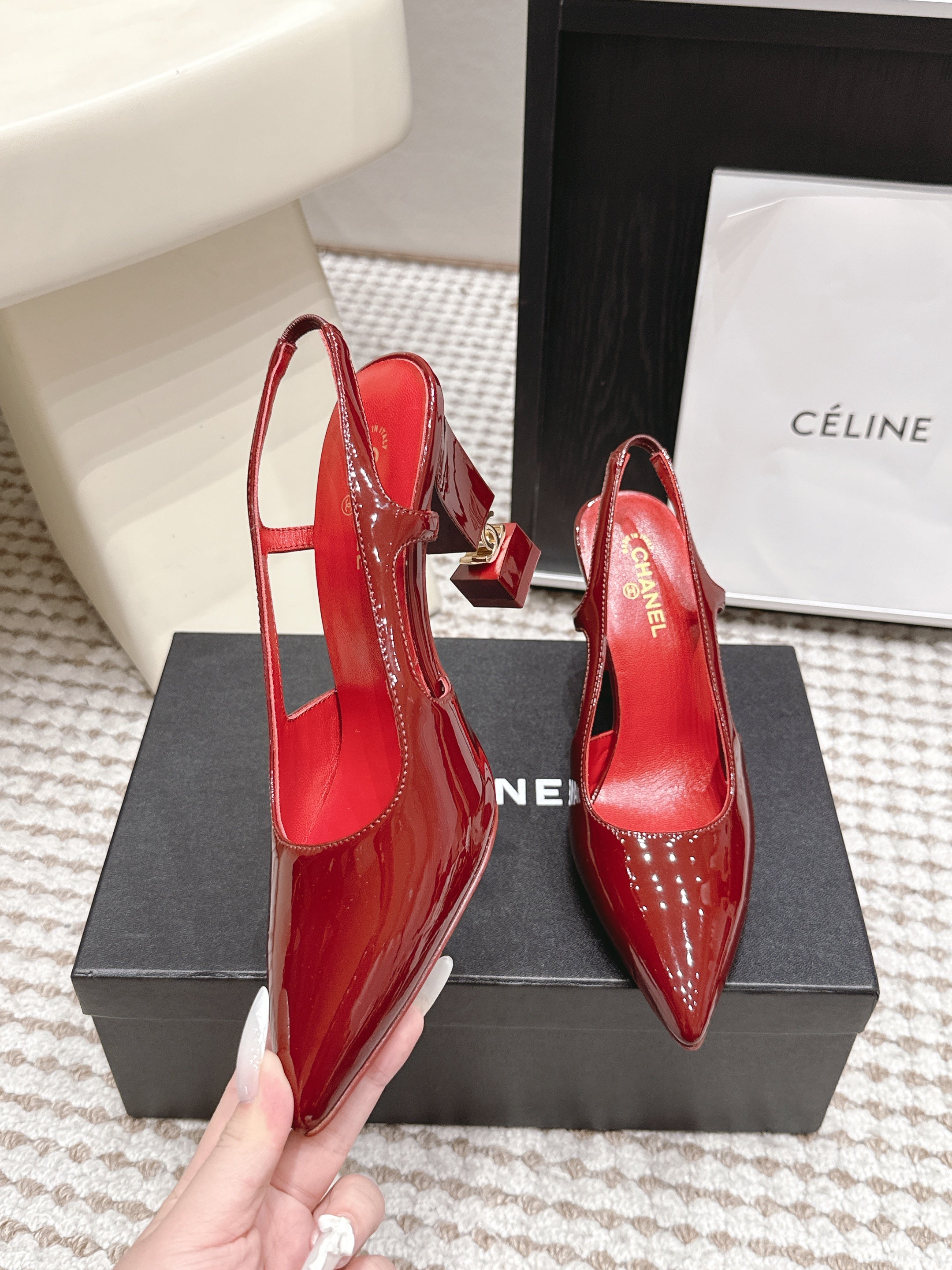 CHANEL 26S HIGH HEEL SLINGBACKS 80 MM IN RED PATENT