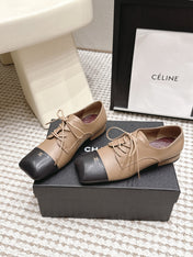CHANEL 26S LACE-UP OXFORD SHOES IN LIGHT BROWN CALFSKIN WITH BLACK TOE CAP