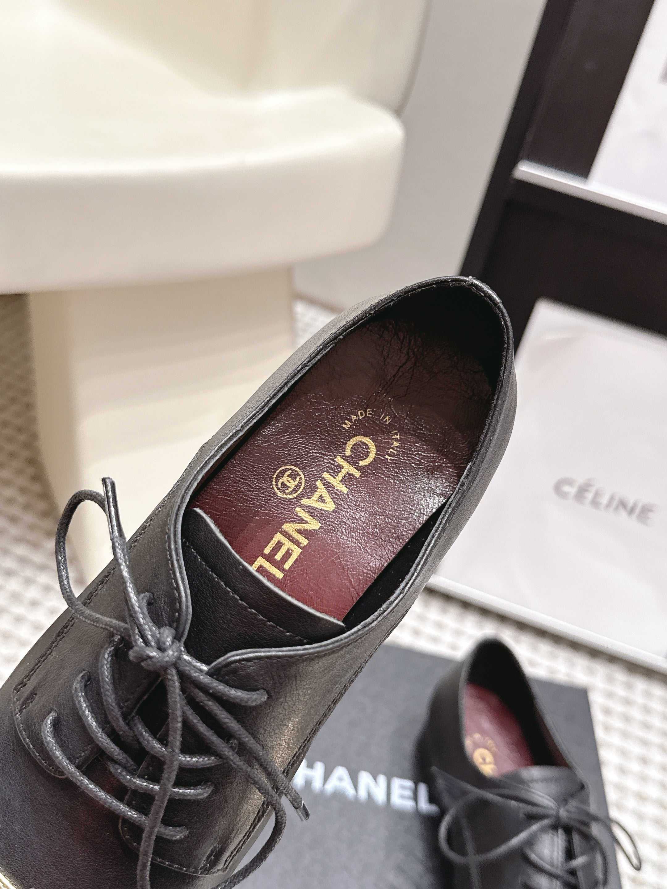 CHANEL 26S LACE-UP OXFORD SHOES IN BLACK CALFSKIN WITH GOLD TOE CAP
